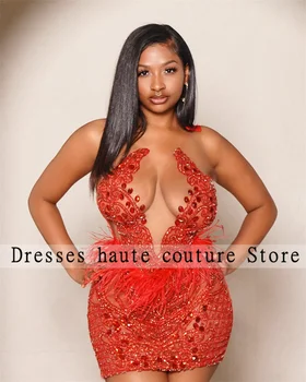 Vermelho Sexy Frisado Curto Sereia Vestidos De Baile, De 2023 Para Meninas Negras Plumas De Cristal Mini Cocktail Vestidos Homecoming Vestido