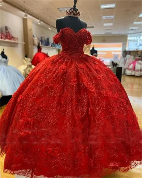 Iridescente da Bola Vestido Brilhante Vermelho de Flores em 3D Fora Do Ombro Vestidos de Quinceanera Formal, Baile à Noite Lace Up Princesa Doce 16