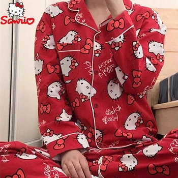 Cartoon Sanrio Hello Kitty Mulher de Pijama Conjunto de Primavera Outono de Ano Novo Solto e Casual Manga comprida Simples Cardigan Doce Homewear