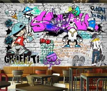 Papel De Parede de Estilo Europeu, Retro Rua Graffiti Branco da Parede de Tijolo Bar Restaurante Arte Mural Personalizado Foto 3D papel de Parede Murais