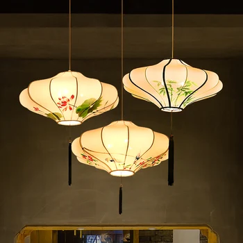 Chinês Pano Luzes Pingente, Pintados À Mão, Flores De Lótus Pintura Restaurante Hanging Lamp Zen, Sala De Chá Pingente Lâmpada Decorativa