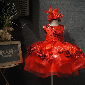 Luxo Vermelho Inchado Bebê Vestidos Da Menina De Flor Para O Aniversário Brilhante Lantejoulas Pequena Princesa Vestido De Festa De Primeira Comunhão De Baile De Bola Desgaste