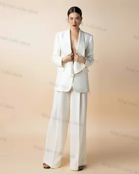Branco Solto Mulheres Terno Calças Conjunto De 2 Peças Algodão Blazer+Calça Sexy Decote Em V Vestido De Baile Formal De Escritório De Tamanho Personalizado Jaqueta Casaco