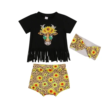 2021-04-15 Lioraitiin 0-24M Infantil Bebê Menina 3Pcs Conjunto de Roupa de Verão Camisa de Manga Curta de Girassol Impresso Shorts Cabeça