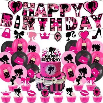 Miniso Barbie Festa de Aniversário, Decoração de desenhos animados Bonito e Doce Menina Banner Balão de Casamento Cena fontes da Decoração do Conjunto