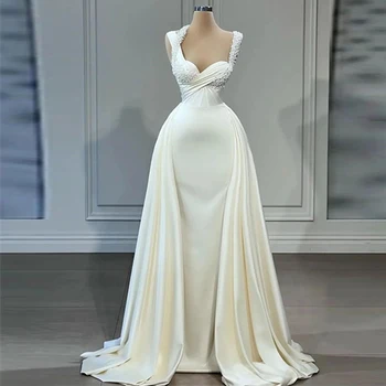 Simples E Elegantes, Vestidos De Casamento Para A Mulher Nova 2023 Praça Pescoço De Cetim Vestido De Noiva De Trem De Varredura Para As Mulheres, Feito-À-Medida De