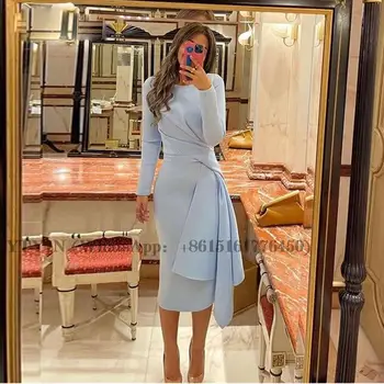Céu Azul Elegante Vestido De Baile De Cetim O Pescoço Mangas Compridas Sereia Vestido De Noite Vestido De Noche Abendkleider Dubai 2023