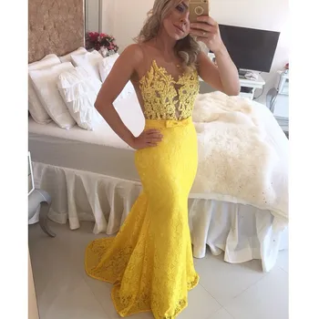 2023 Nova Listagem Pescoço De Colher Appliqued Amarelo Bainha Mermaid Lace Vestido De Festa Noite Elegante Formal Vestidos De