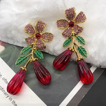 Francês luz de luxo cravejado com diamante, folhas e flores Longos brincos Banhados com ouro vermelho brincos