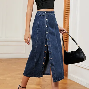 O verão da Mulher de Jeans, Saia Midi coreano Cintura Alta Fenda Frontal Saias Longas Mulheres Y2k Streetwear Casual Solta Saia Reta