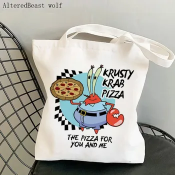 Moda das Mulheres Shopper bag Krusty Krab Pizza Impressa Saco de Harajuku Compras de Lona Shopper Bag girl bolsa Tote Ombro Senhora de Saco de