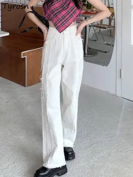 Calças de brim das Mulheres Solta Básica de Cintura Alta Moda Sólido Simples de Todos-jogo Direto Estilo coreano Concurso de Design Elegante, Casual Sreetwear